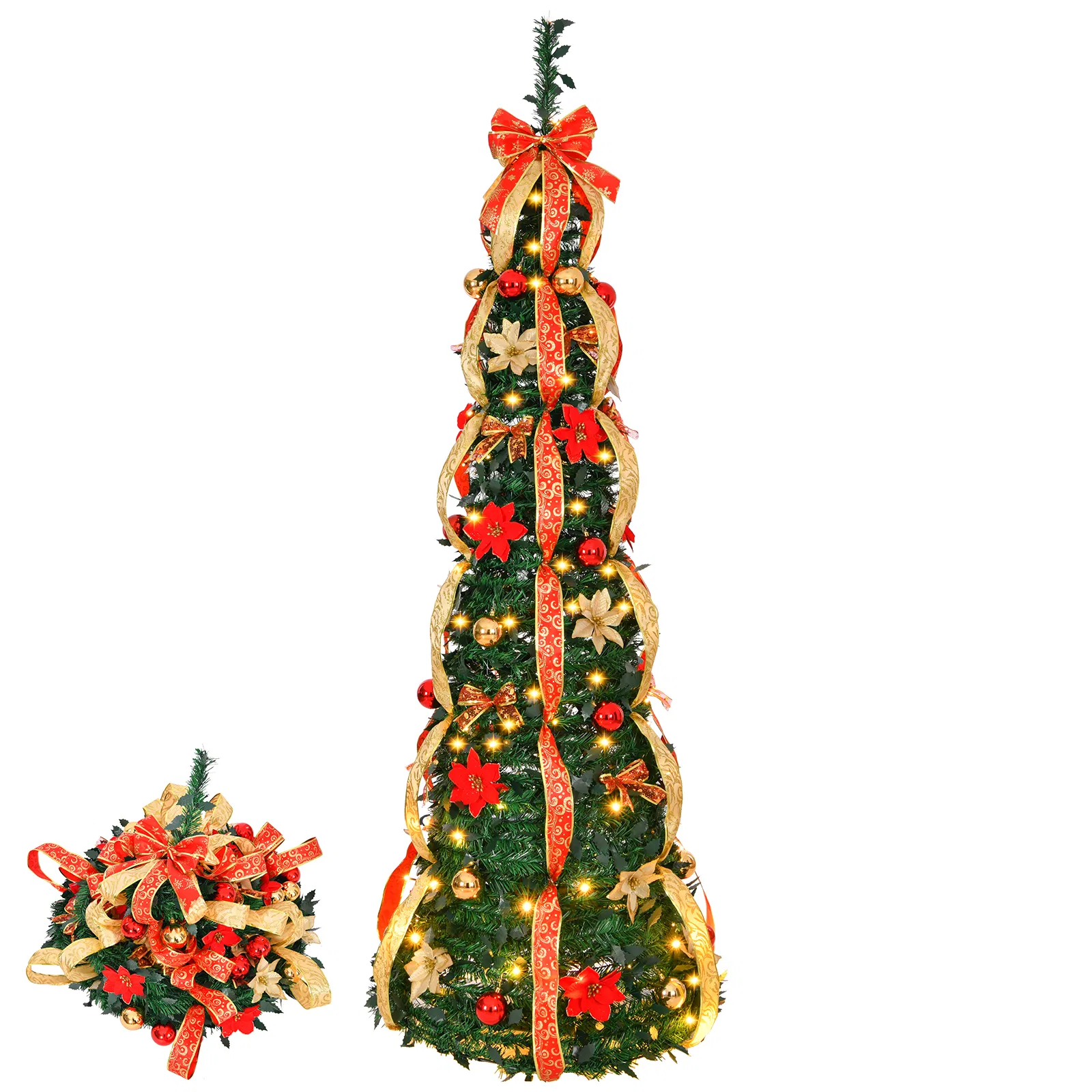 6 FT Fully Decorated Pre-lit Christmas Tree, Pop Up Artificial Xmas Tree with 150 Warm Lights Battery Operated and Red & Golden Ornaments for Home Office Store Holiday Deco image 3
