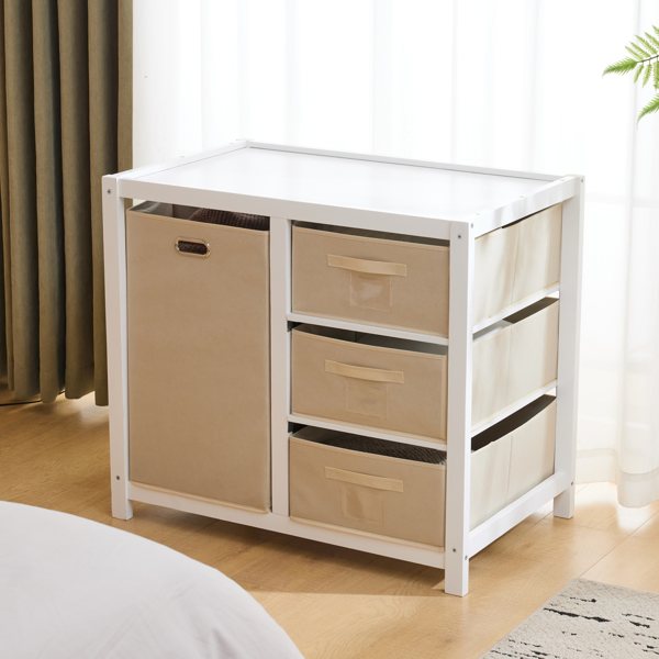 White painted pine wood frame, removable top, 87*53*87.5cm children's wooden bed with 3 fabric drawers + 1 fabric bag, and a changing table-62