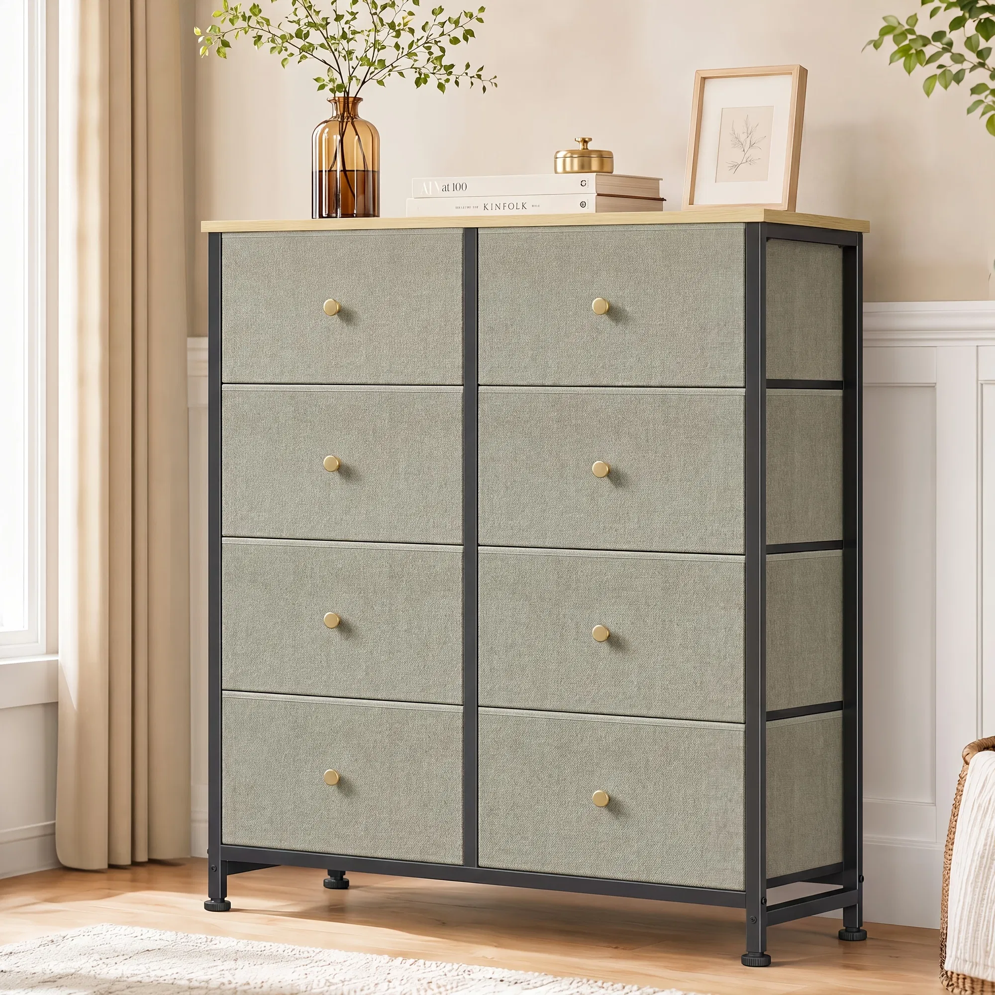 8-Drawer Fabric Dresser with Solid Wood Top, Tall Storage Chest for Bedroom, Living Room, Or Entryway, Ideal As a Tower Cabinet, Hallway Organizer image 3