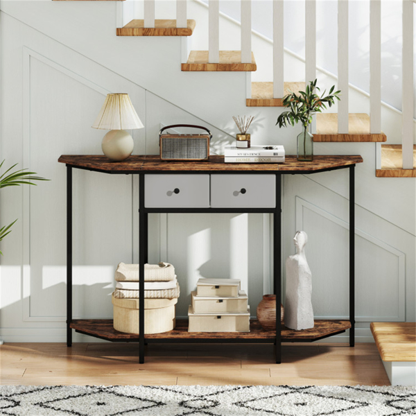  2-Tier Industrial Console Table - Polygonal Tabletop & Open Shelf, 2 Folding Fabric Drawers for Entryway/Hallway/Couch Behind-15