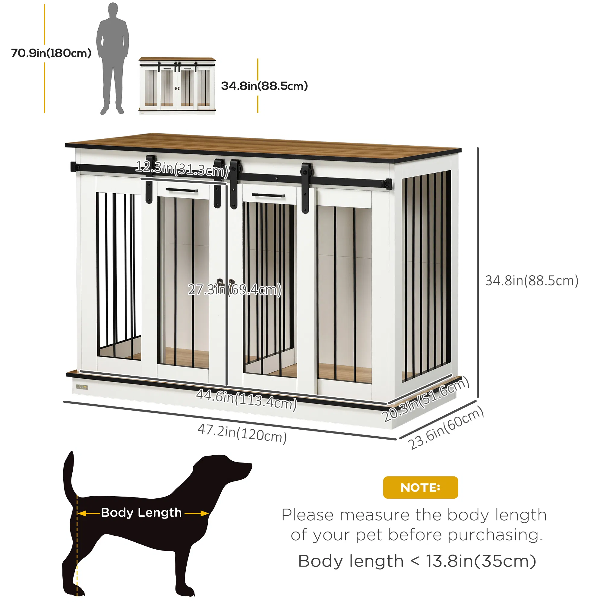 47in Dog Crate Furniture with Divider Panel, Wooden Dog Kennel TV Stand for Large Breeds, Pet House Side Table for 2 Small Breeds with 2 Rooms Design, 2 Sliding Doors, White — image 1