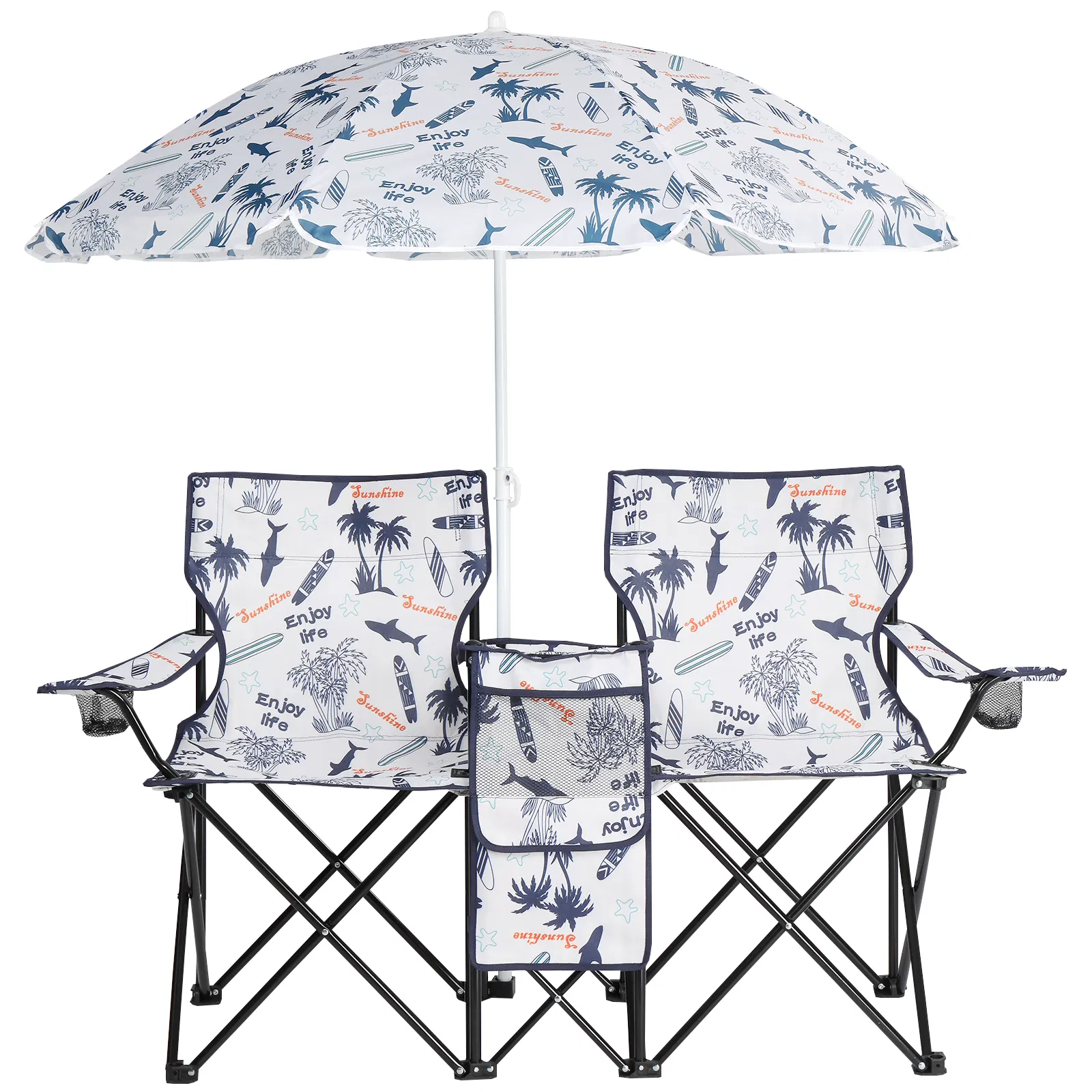 Portable Outdoor 2-Seat Folding Chair with Removable Sun Umbrella Coconut Tree image 10