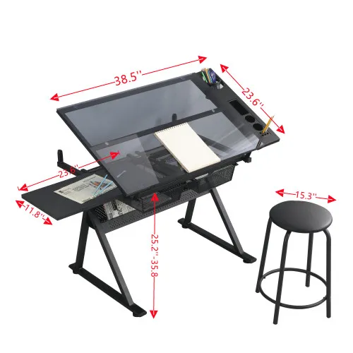 black adjustable tempered glass drafting printing table with chair image 16