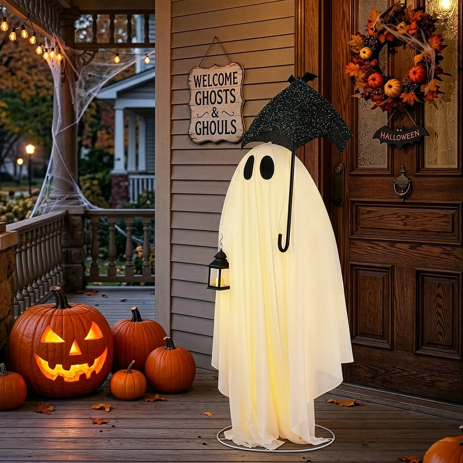 5ft Black & White Umbrella Ghost Halloween Decoration with 100 Warm White LED Wire Lights, 30V 3.6W… image 12
