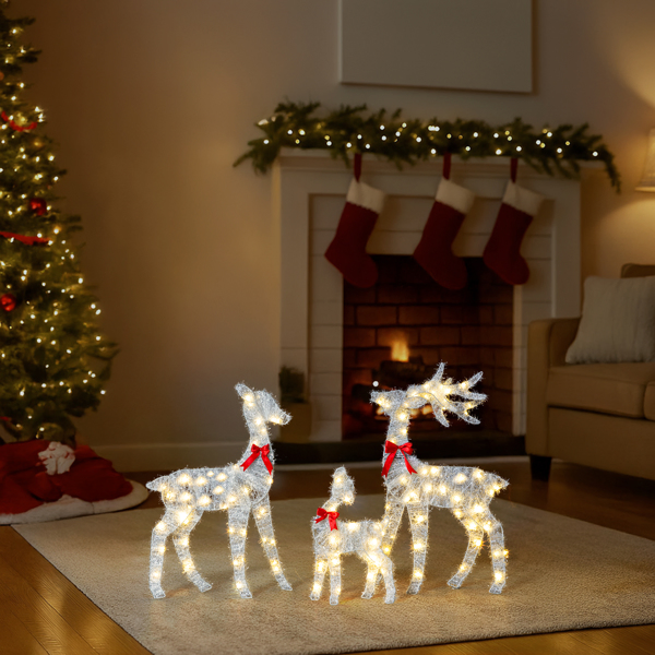 3-Piece Lighted Tinsel Christmas Reindeer Family Set Outdoor Decorations, Weather Proof Deer Family Set of 3 Christmas Ornament Home Decor Pre-lit 110 LED Warm White Lights, 2.4FT, White-25