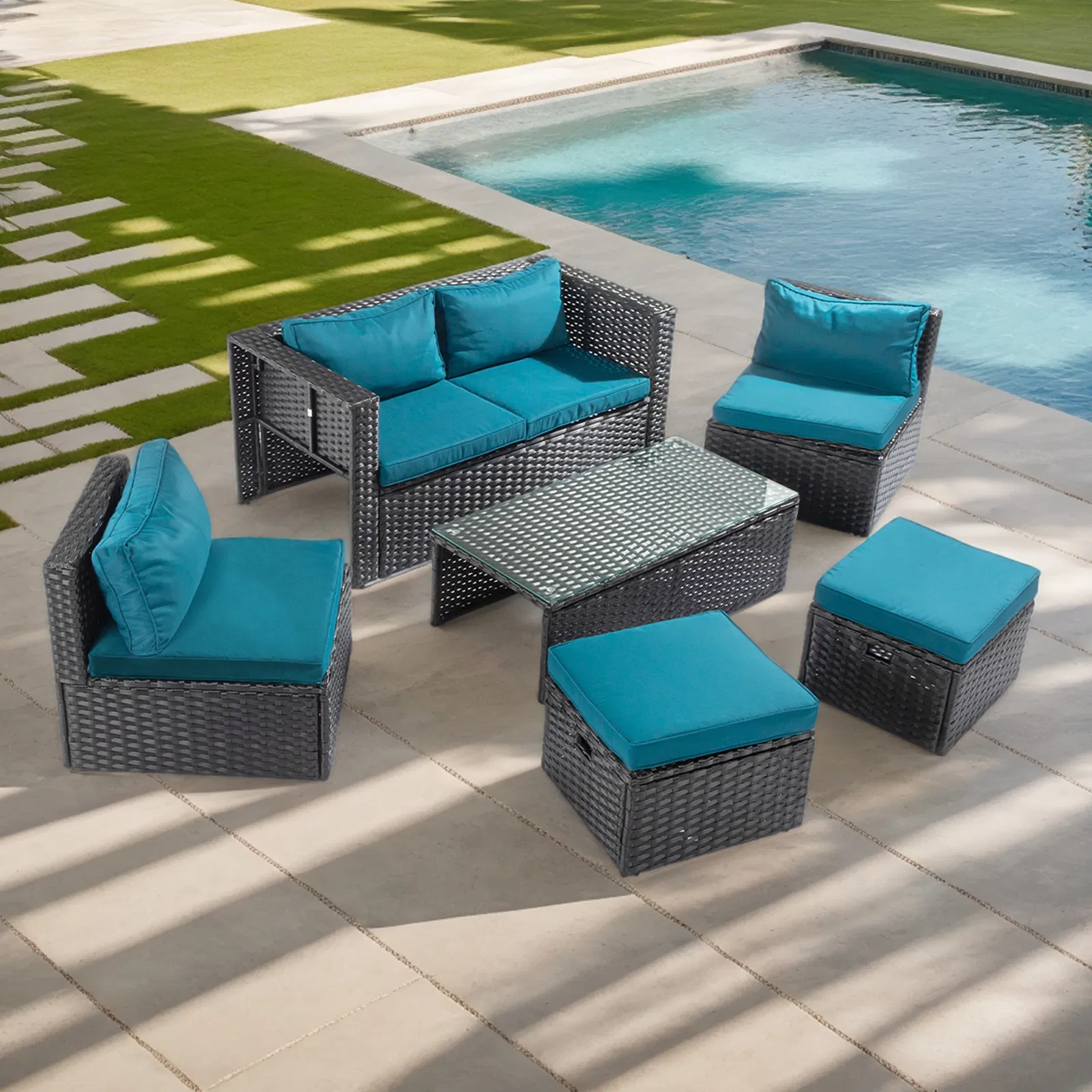 2pcs armless sofa + 2pcs footstool + 1pcs double sofa + 1pcs coffee table with storage black rattan and peacock green cushions, rattan multi-piece set image 9