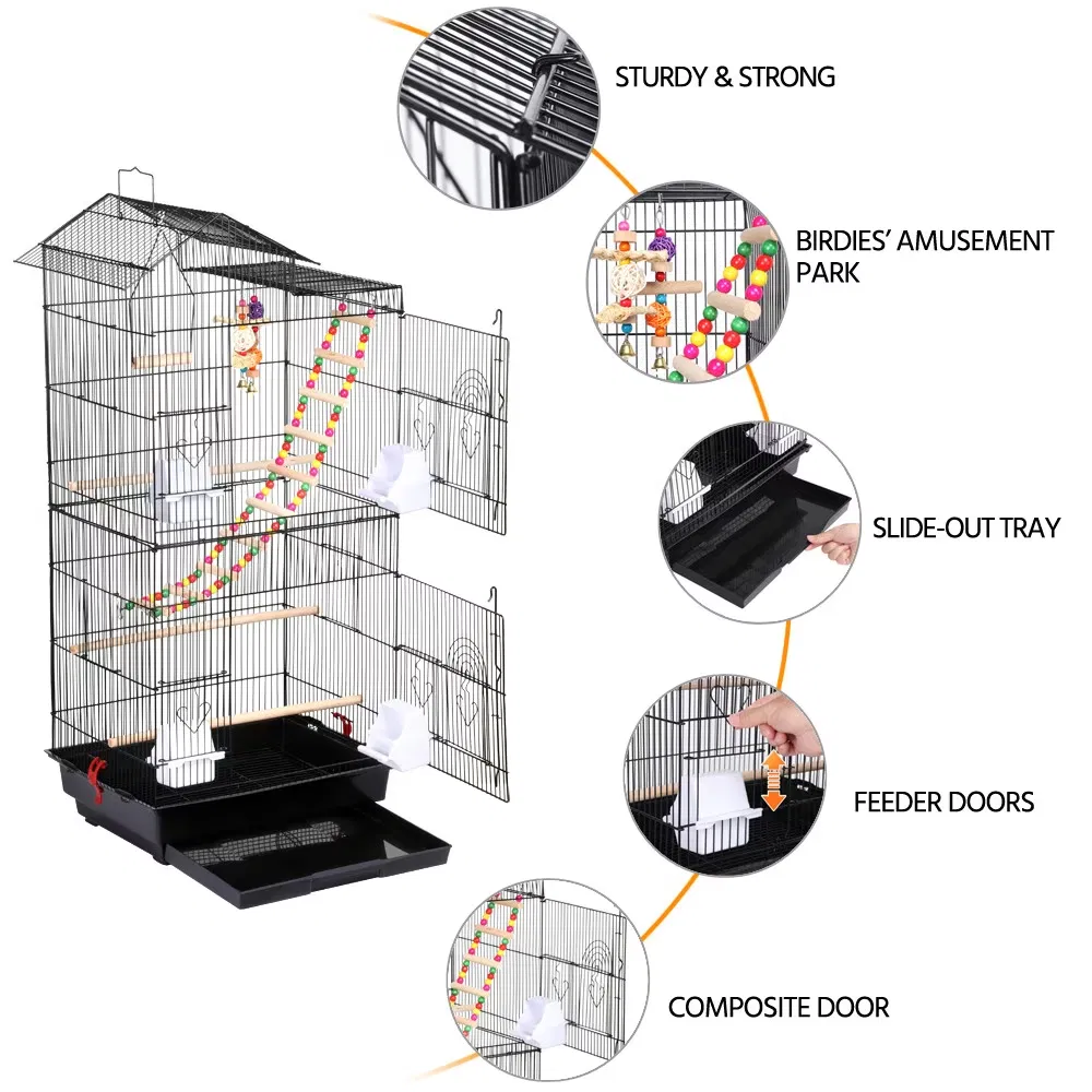 39"H Metal Bird Cage Large Roof Top Huge House for Small Birds, Black