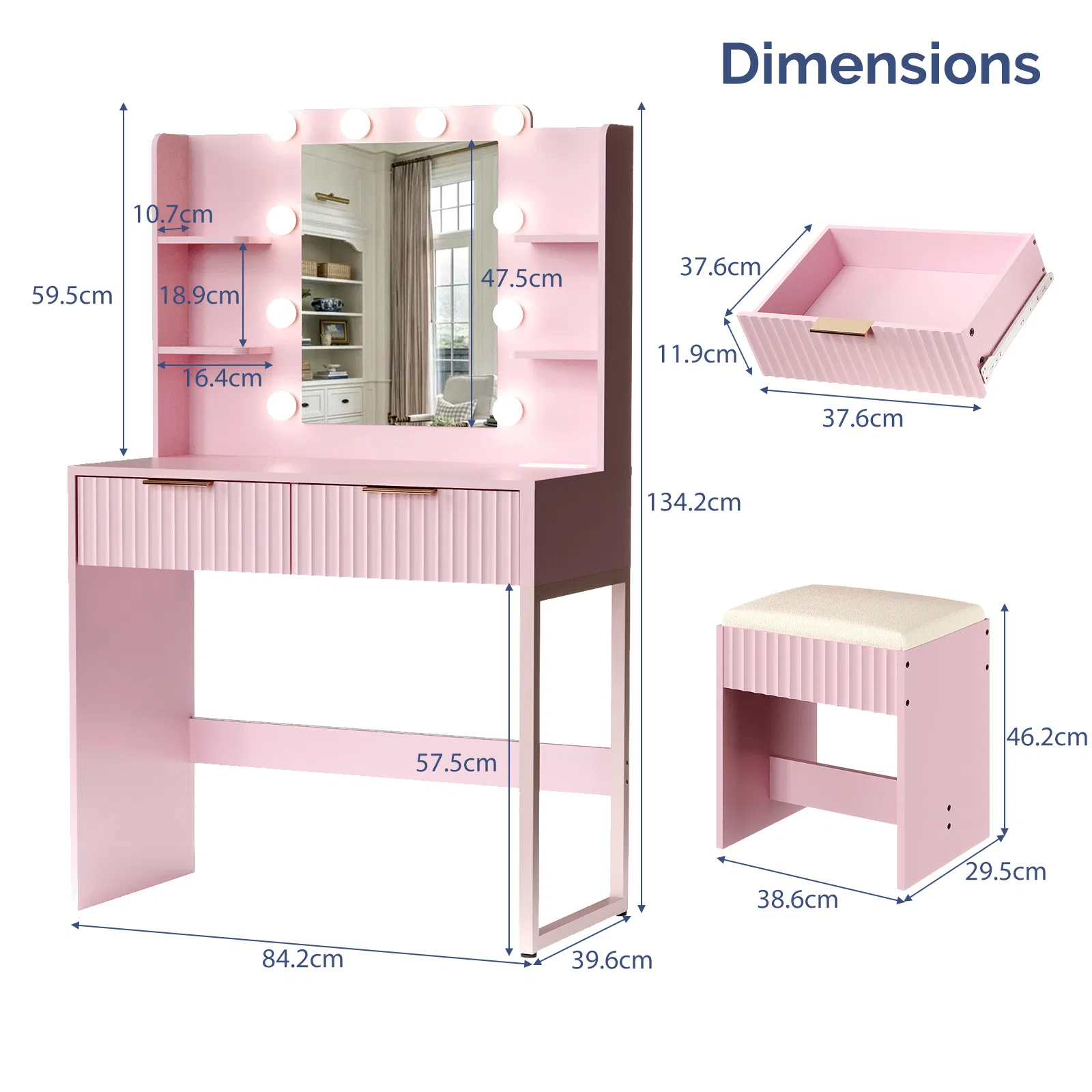 Pink particleboard with a melamine finish, a 2-drawer, 4-shelf dressing table set with 10 three-tone light bulbs, a power strip, and a grille. image 5