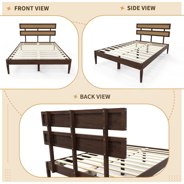 Dark walnut wood painted finish + rattan and pine wood double headboard full size wooden bed, Bohemian style-24