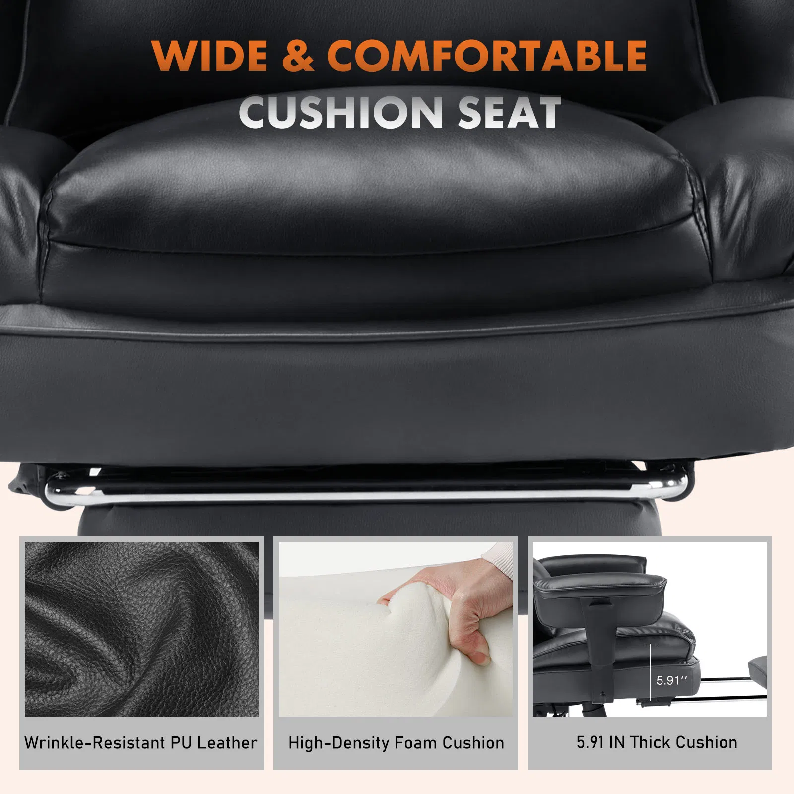 Executive Home Office Desk Chair Ergonomic High Back with Footrest & Lumbar Support, Reclining Height Adjustable PU Leather with Swivel Wheels image 4