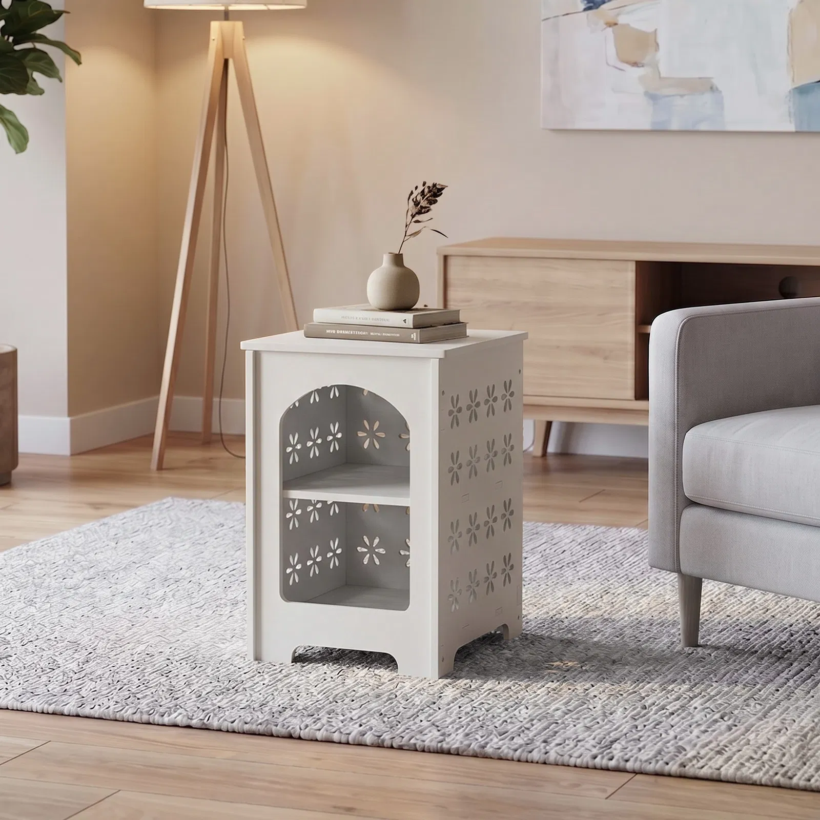 3-Tier Side Table with Storage, Nightstand End Table with Floral Design, Modern Arch Opening Bedside… image 8