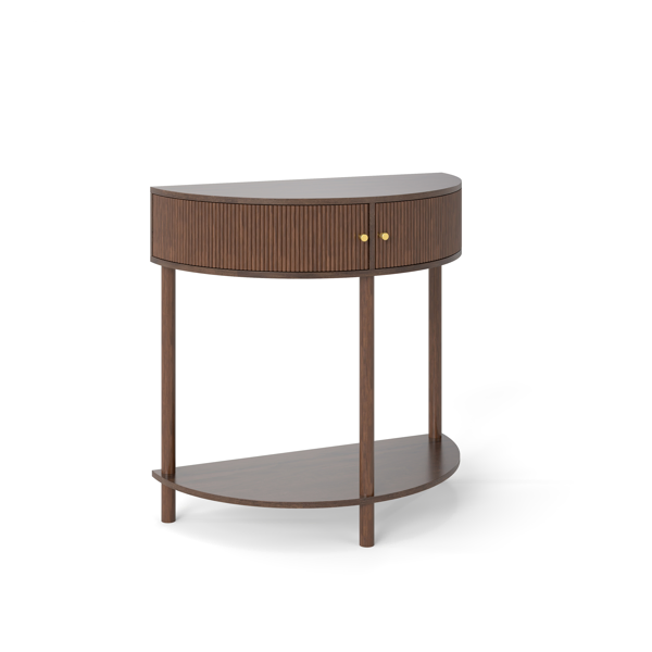 Artisan-Crafted Wave-Pattern Demi-Lune Console Table with Brown Woodgrain,Unique Half Moon Design End Table with 2 Storage Drawers and Bottom Shelf for Living room, Bedroom, Study, Hallway-17