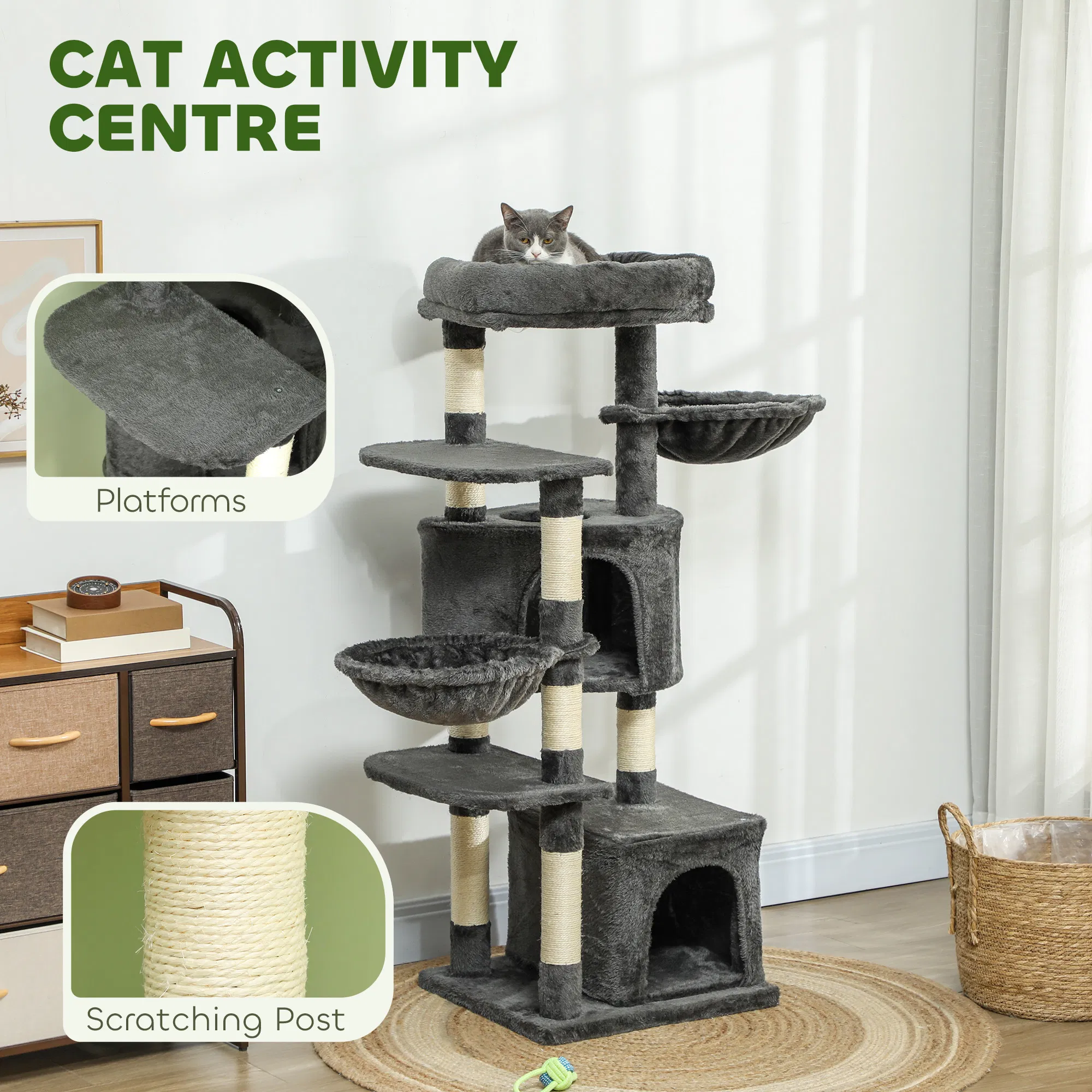 52.5" Cat Tree Tower with Scratching Posts, Cat Condos, Bed, Platforms, Hammocks, for Indoor Cats, Dark Grey