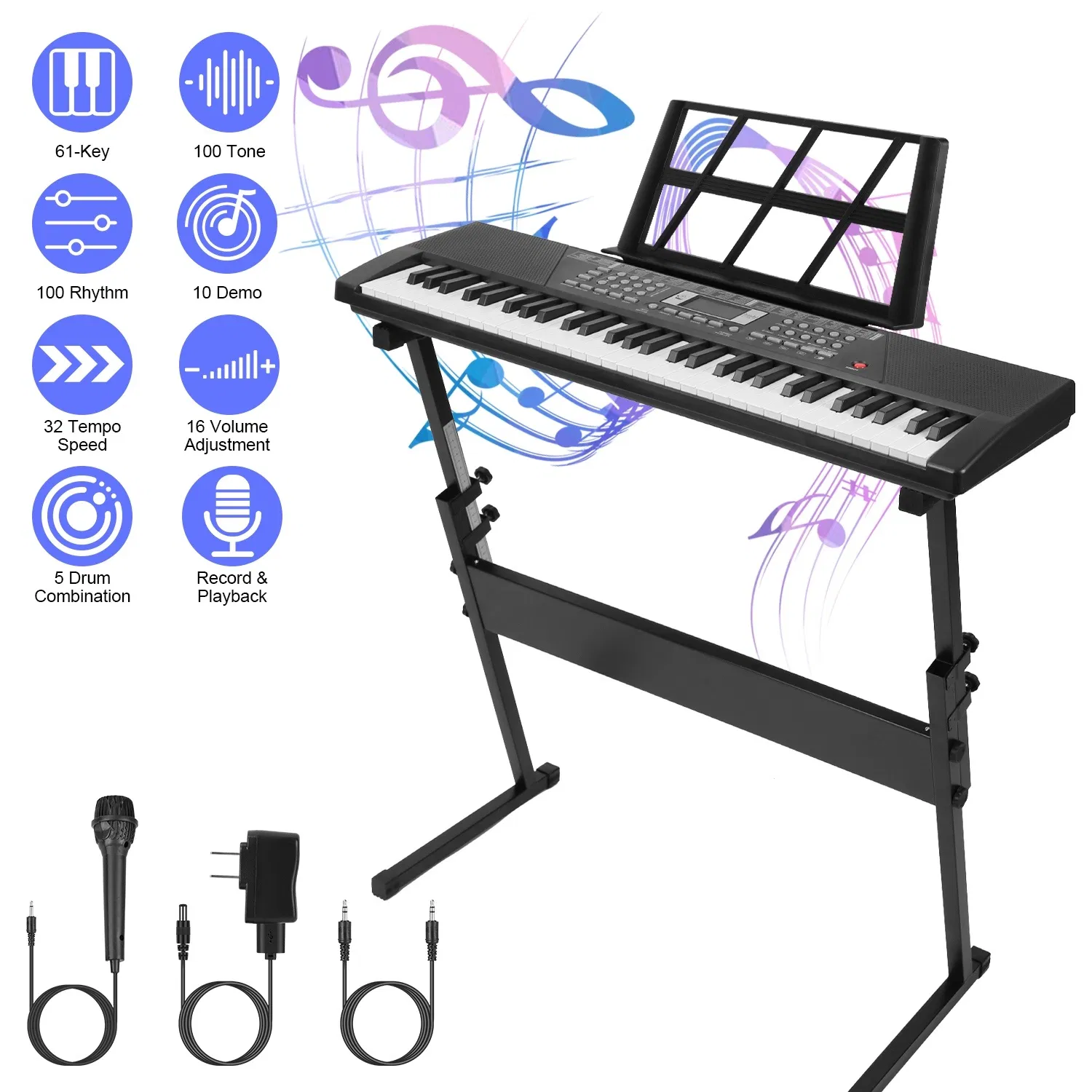 61-Key Multifunctional Piano Toy, 100 Tones & Rhythms with Microphone, Recording Function & Sheet Music Stand, Educational Keyboard for Kids Beginners