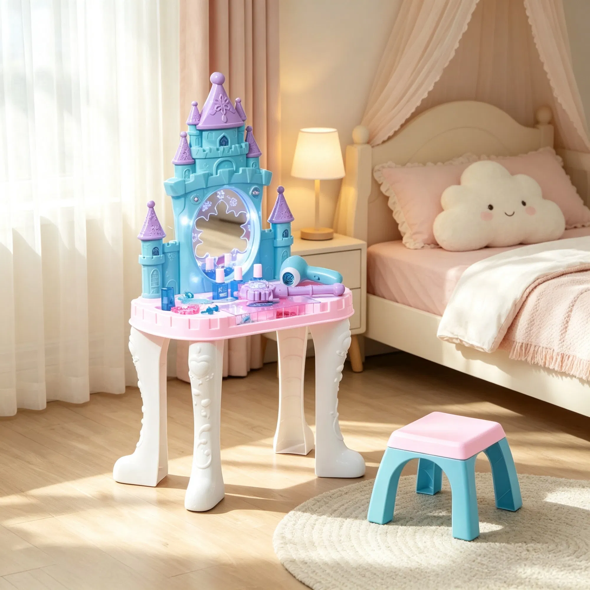 Multicolor Girls Vanity Set Castle Design Makeup Table with Mirror, Stool, Light, Music for 3-6 Years Old