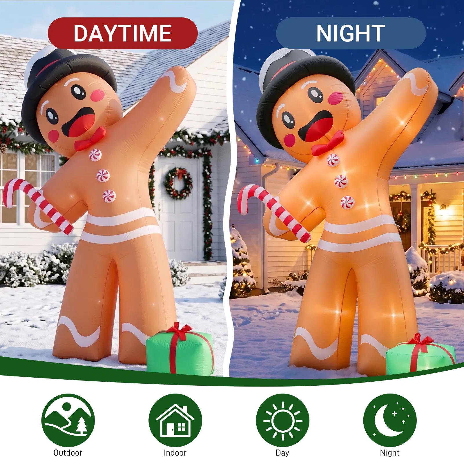 10.6FT Gingerbread Man with Gift Box Inflatable, 8 LED Lights, 190D Polyester Christmas Decor, US Plug image 5