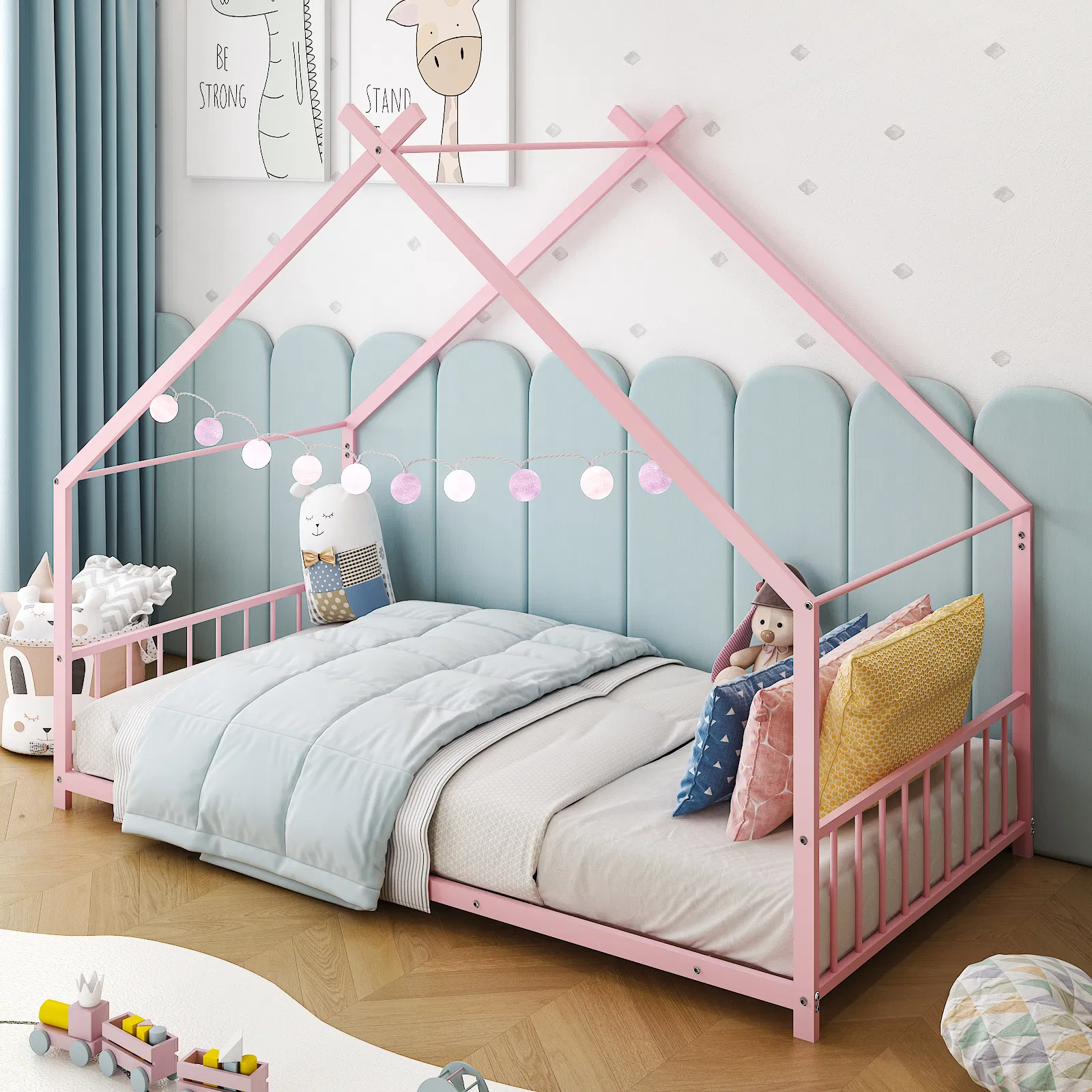 Pink Flat Bed House Shape with Side Guardrails Twin Children's Iron Bed image 14
