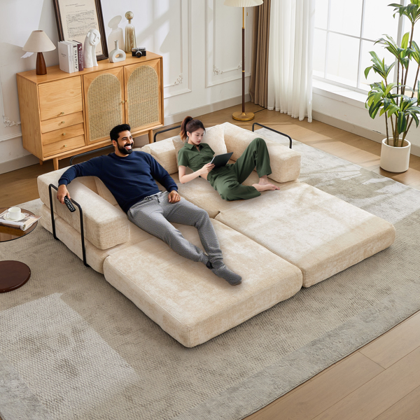 Compression Sofa,Convertible Floor Sofa Bed with Fixed-Shape Frame, Loveseats Boneless Modular Sectional Sofa,No Assembly Required,Chenille fabric,for Living Room Bedroom,Beige-23