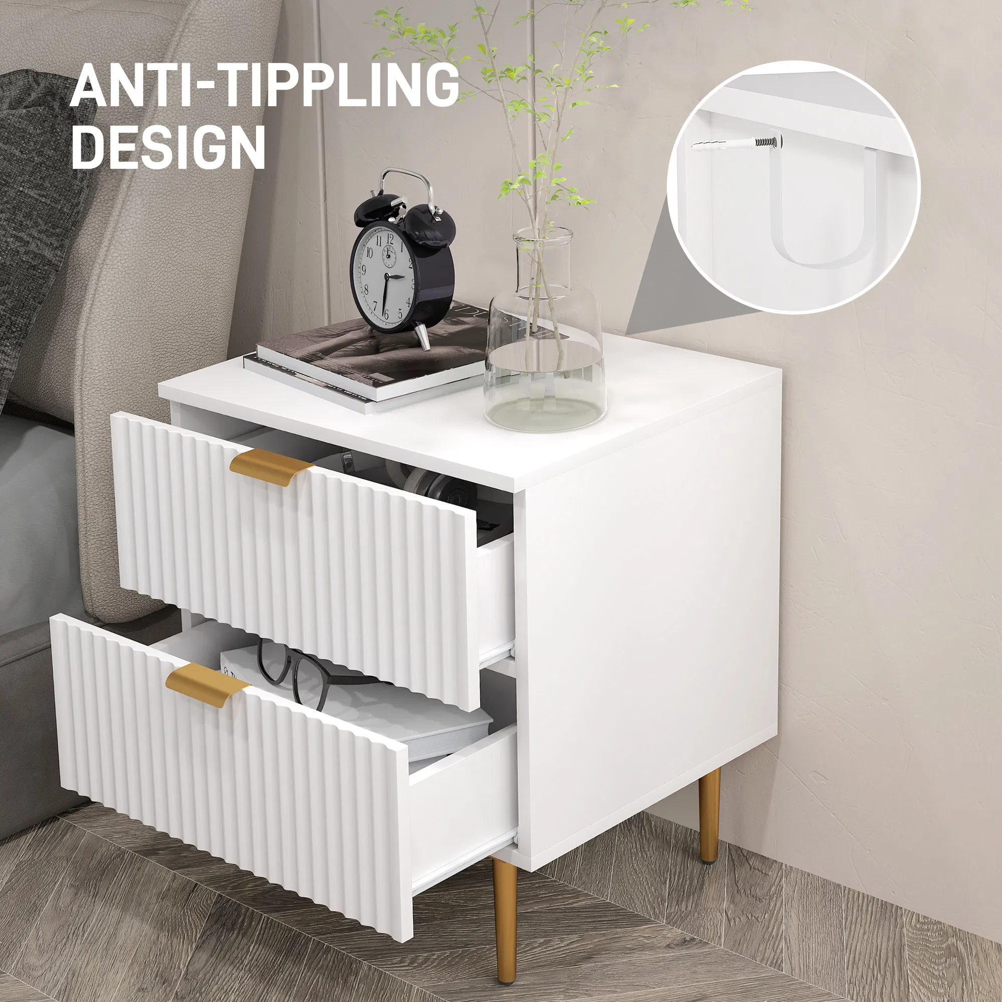 White Nightstand with 2 Drawers, picture 2 of 5