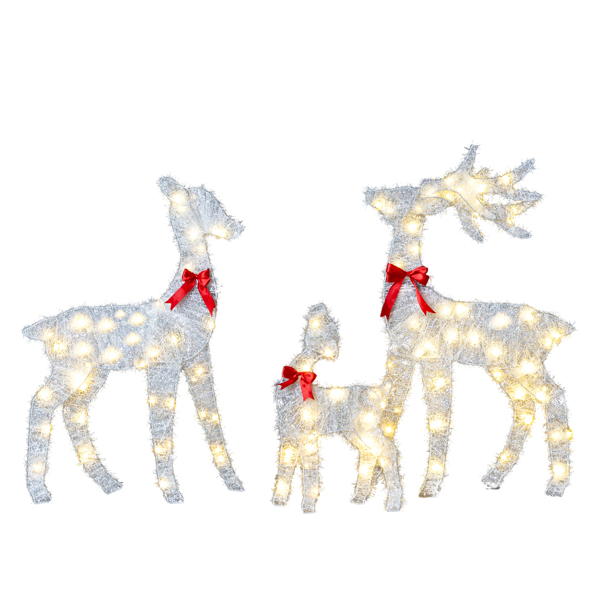 3-Piece Lighted Tinsel Christmas Reindeer Family Set Outdoor Decorations, Weather Proof Deer Family Set of 3 Christmas Ornament Home Decor Pre-lit 110 LED Warm White Lights, 2.4FT, White-31