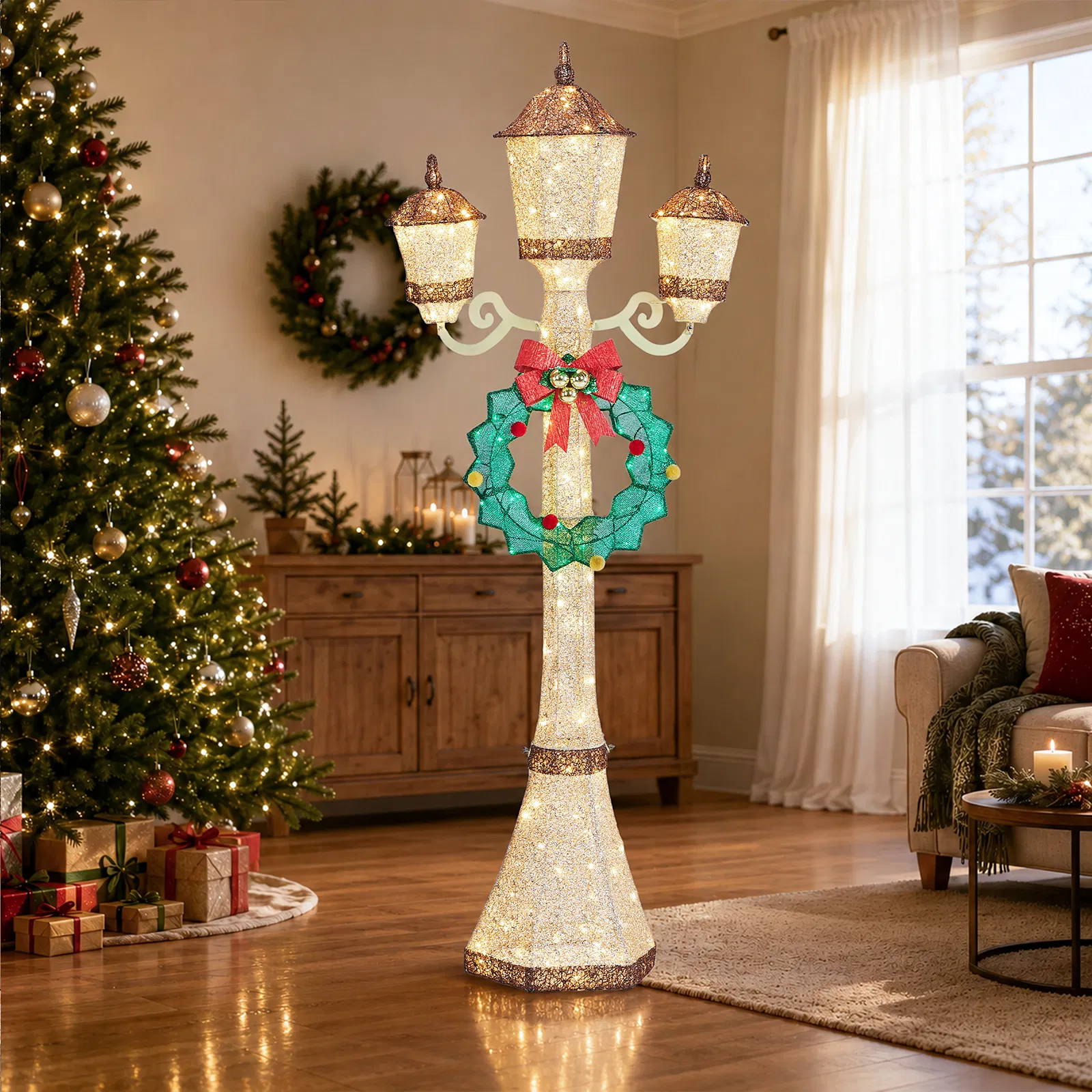 6FT Gold 3-Head Street Lamp with Wreath, 210 Warm White LEDs, Christmas Light Post, US Plug image 10