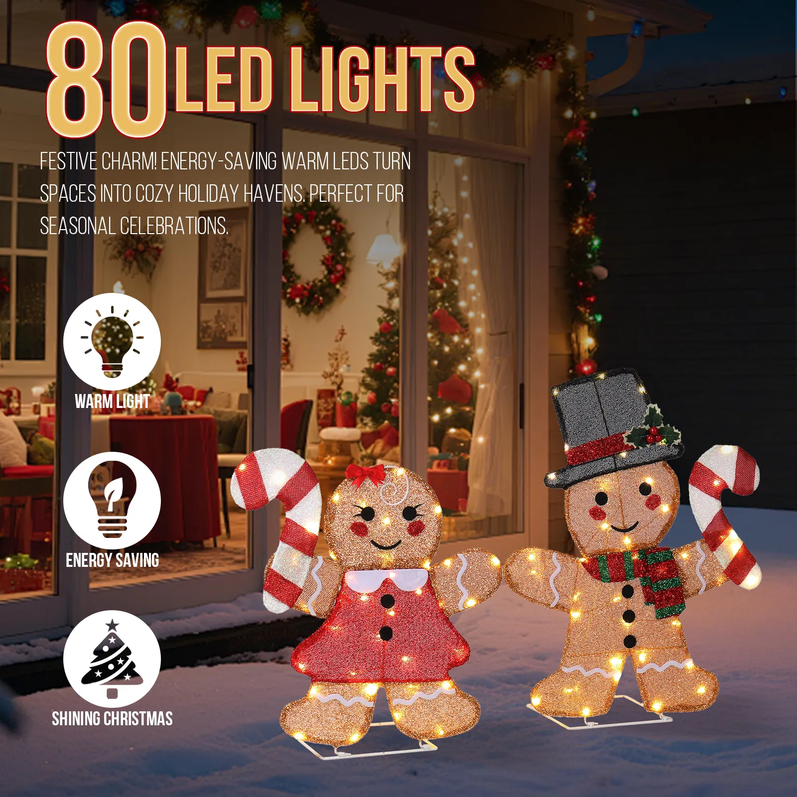 Set of 2 Lighted Gingerbread Man and Candy Cane Christmas Decorations, Pre-lit 2D Holiday Decor with 80… image 4