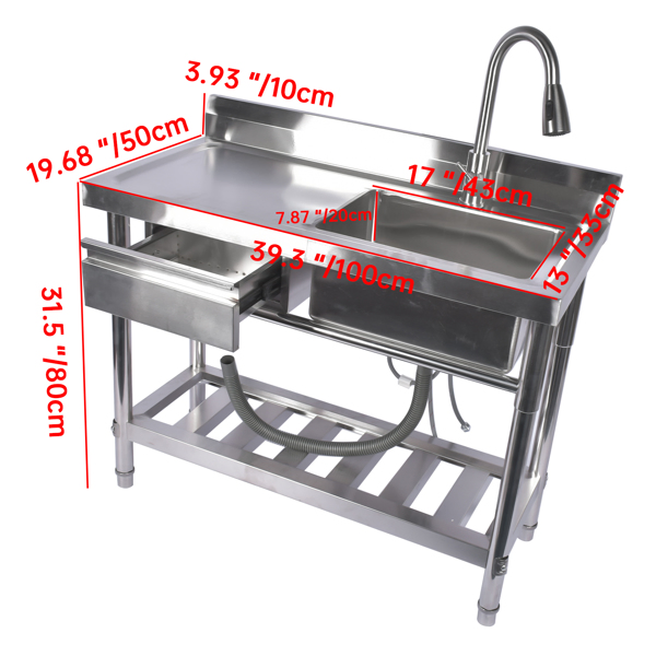 A1-不锈钢水槽 Stainless Steel Kitchen Sink Commercial Freestanding Utility Sink with Drawer and Pull-Out Faucet (39.3