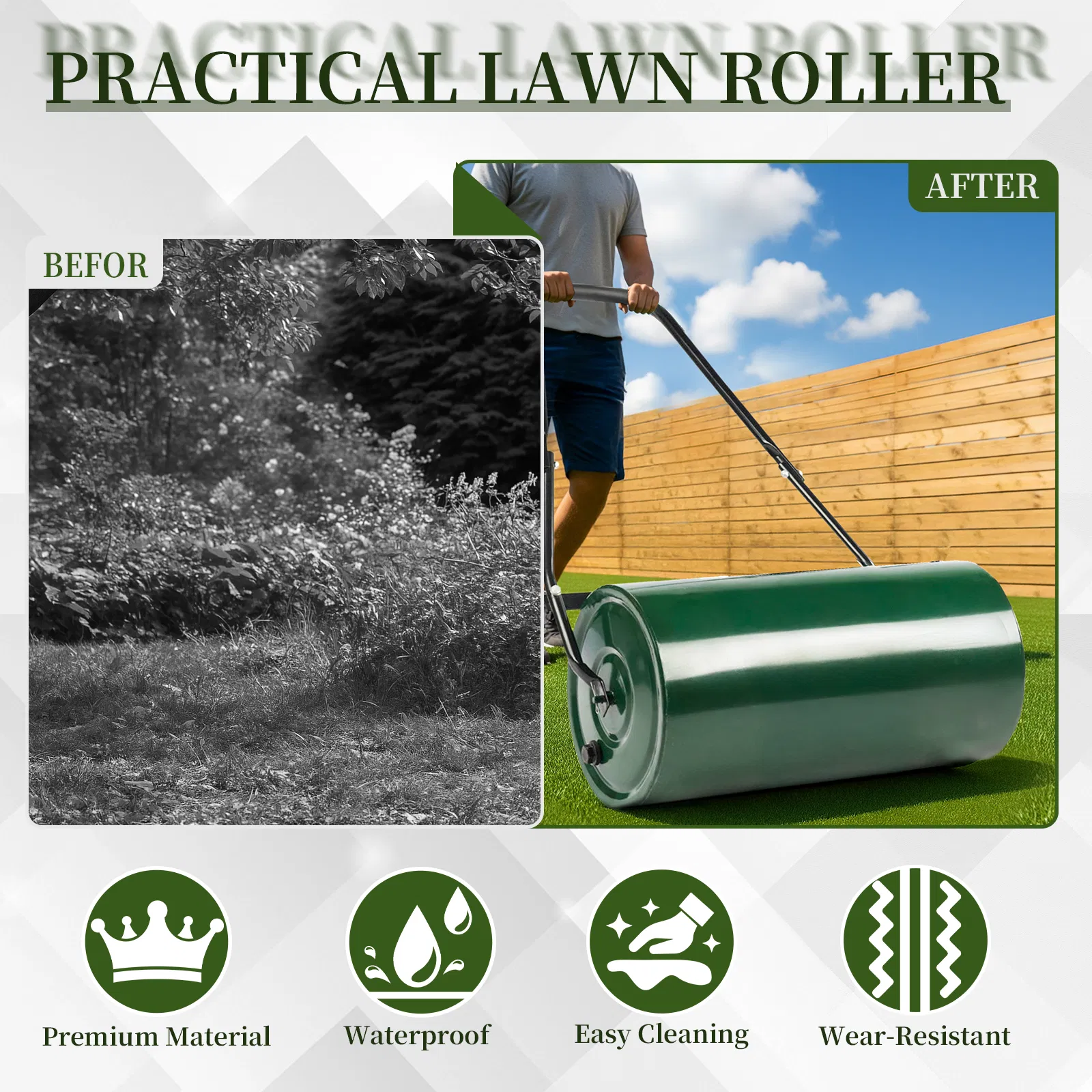 24in Heavy Duty Steel Lawn Roller, Garden Roller Can Be Filled with Water or Sand, Hand Roller with U-shaped Handle, Green & Black image 13