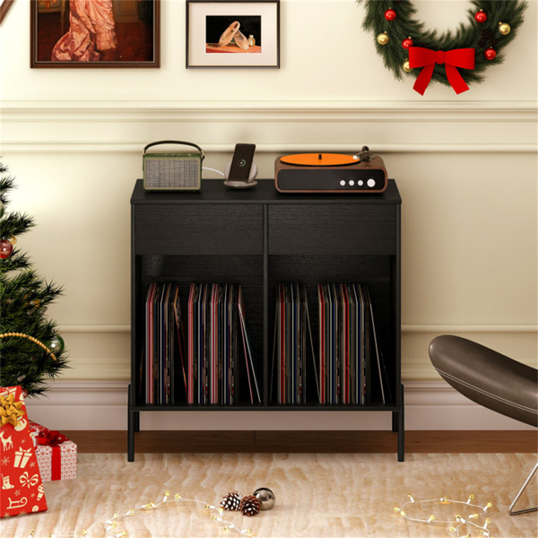 Record Player Storage Stand - Customizable Vinyl Compartments, Built-in Charging Station, Metal Legs & Floor-Protecting Pads-20