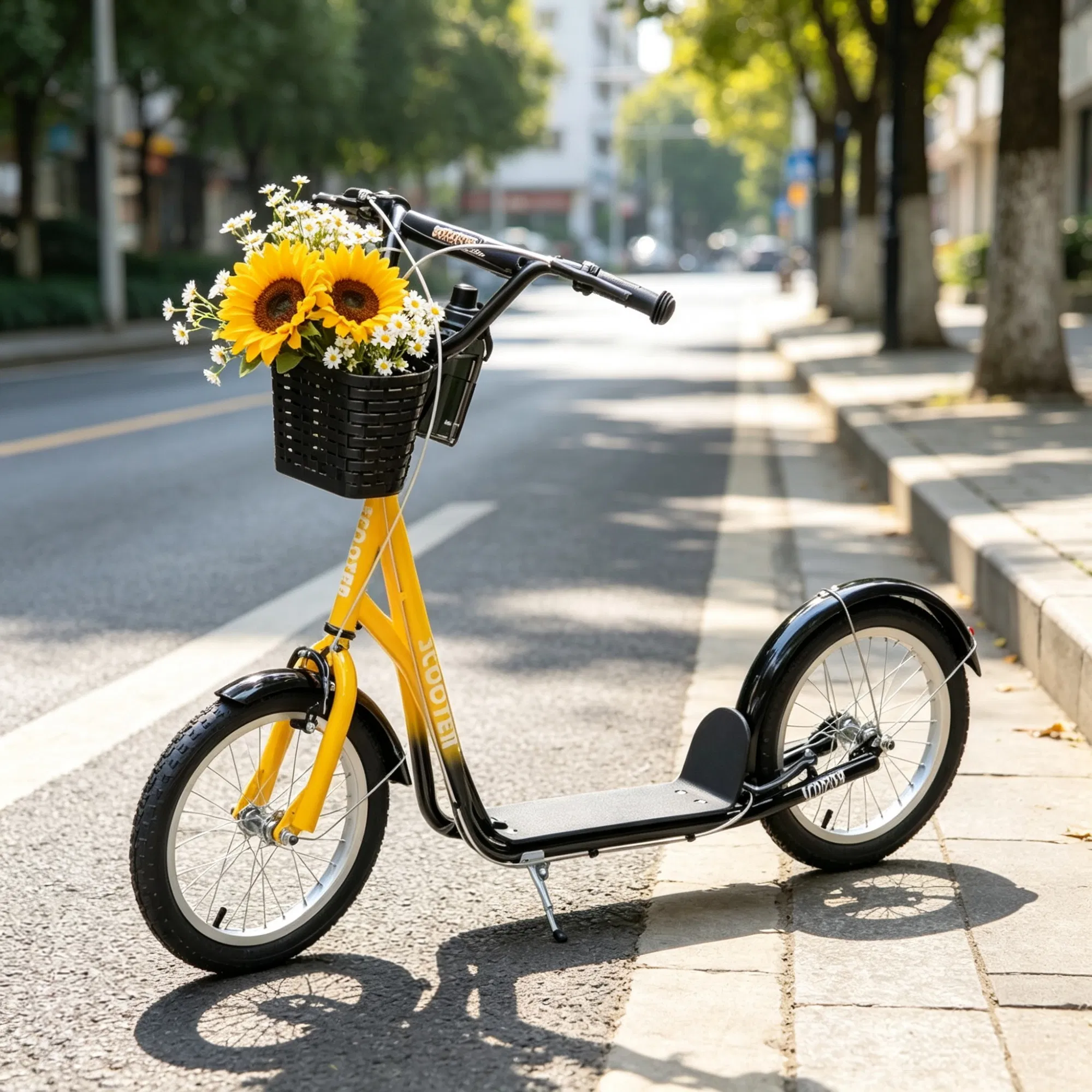 Orange 16" Inflatable Youth Scooter: Kick Scooter with Adjustable Handlebars, Double Brakes, Front Basket and Cupholder
