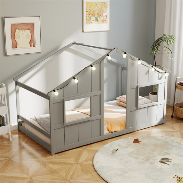 Twin-Size Kids House Gray Floor Bed- 82