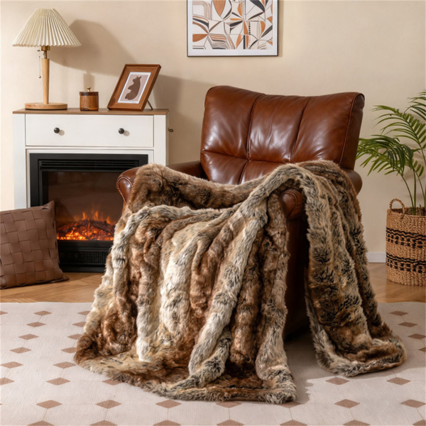 Coffee 760GSM Faux Raccoon Fur Throw Blanket 60