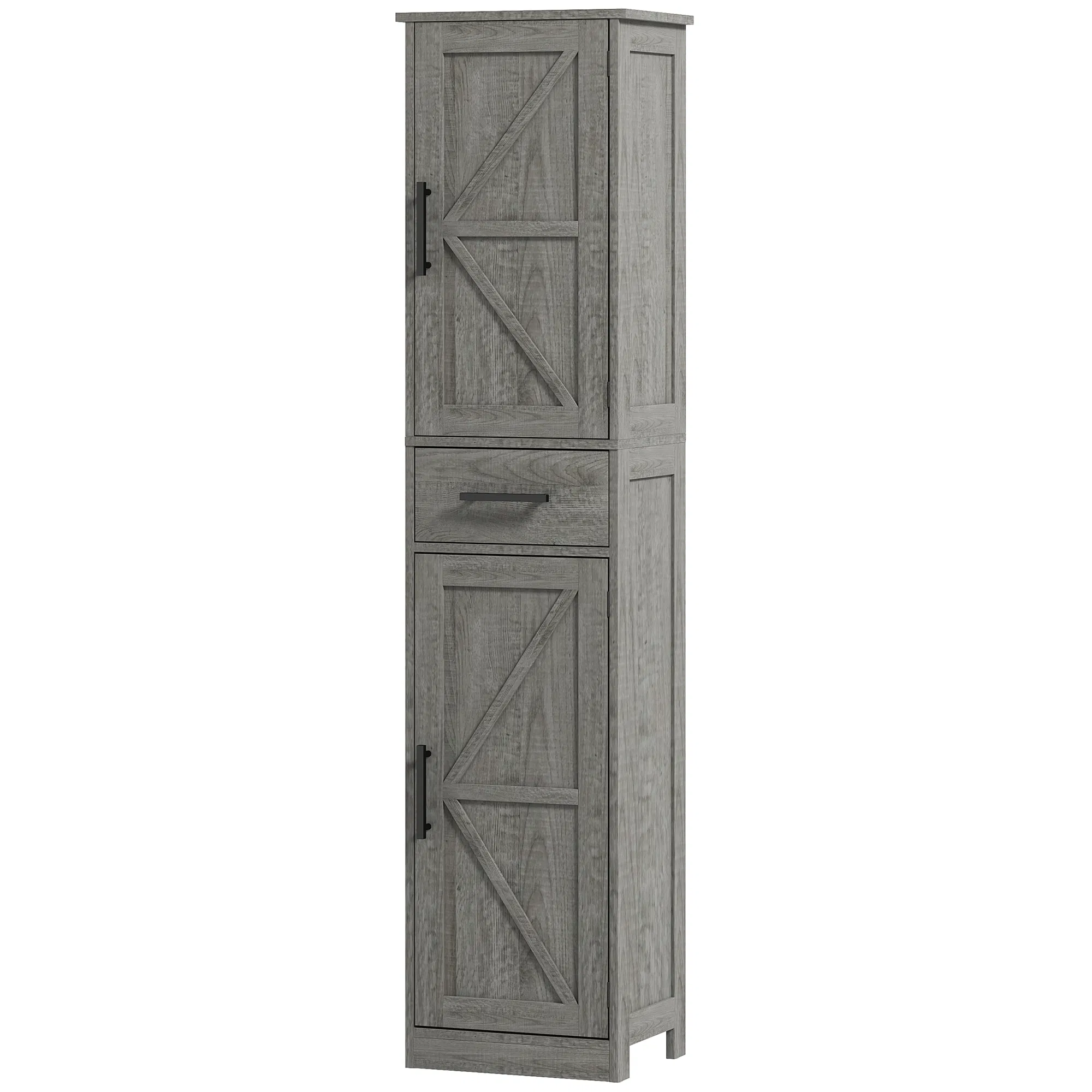 67" Tall Bathroom Cabinet, Narrow Bathroom Storage Cabinet with Drawer, Barn Doors and Adjustable Shelves, Dark Grey
