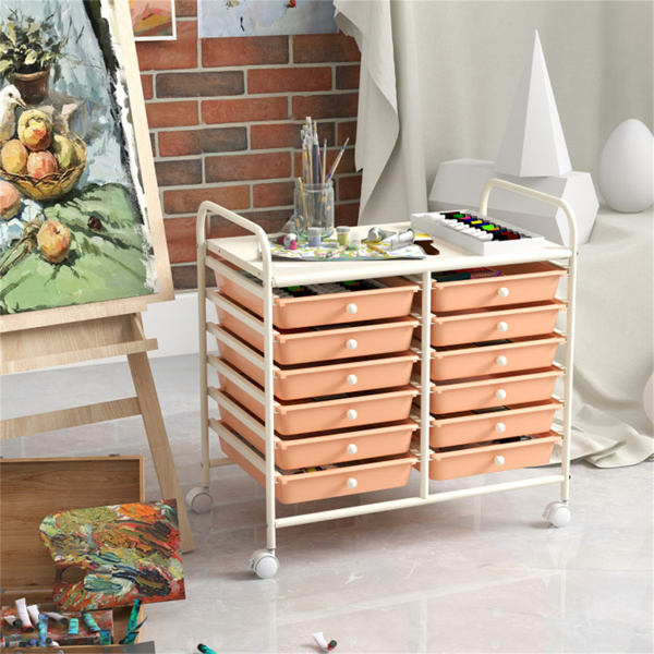 12-Drawer Rolling Storage Cart - 2-Row 10-Storey, Multicolor Drawers, 4 Wheels (2 Brake), White Frame-Peach-17