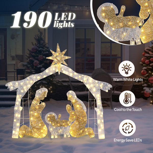 6ft Silver Roof 190LED Lights Nativity Scene Garden Jesus Decoration image 16