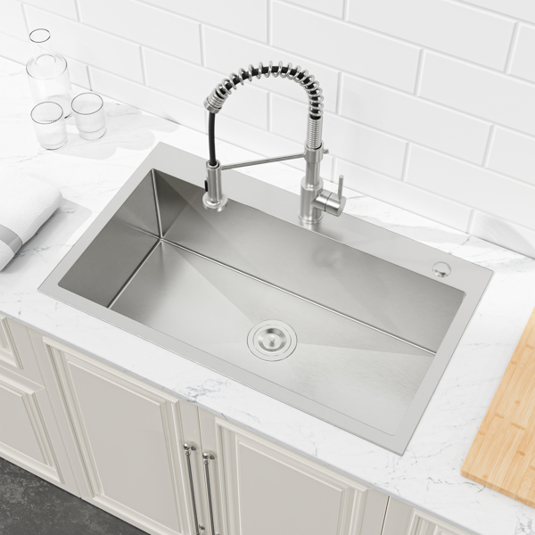 Kitchen Sink, 33″x22″ Single Bowl, Overmount Handmade Sink in Brushed Nickel, with US Standard Drain and Hook[Unable to ship on weekends,usps/fedex]-17