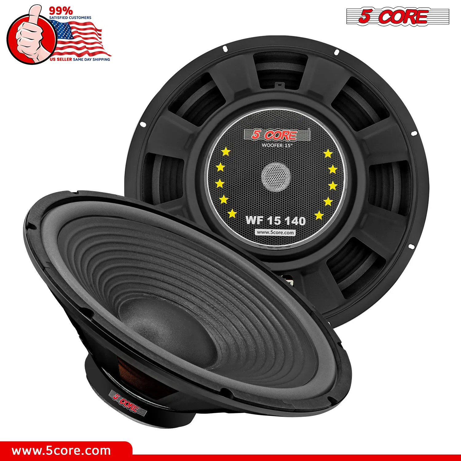 5 Core 15 Inch Subwoofer 450 Watt Car Audio Sub Woofer 4 Ohm w Deep Bass Replacement Loud Speaker