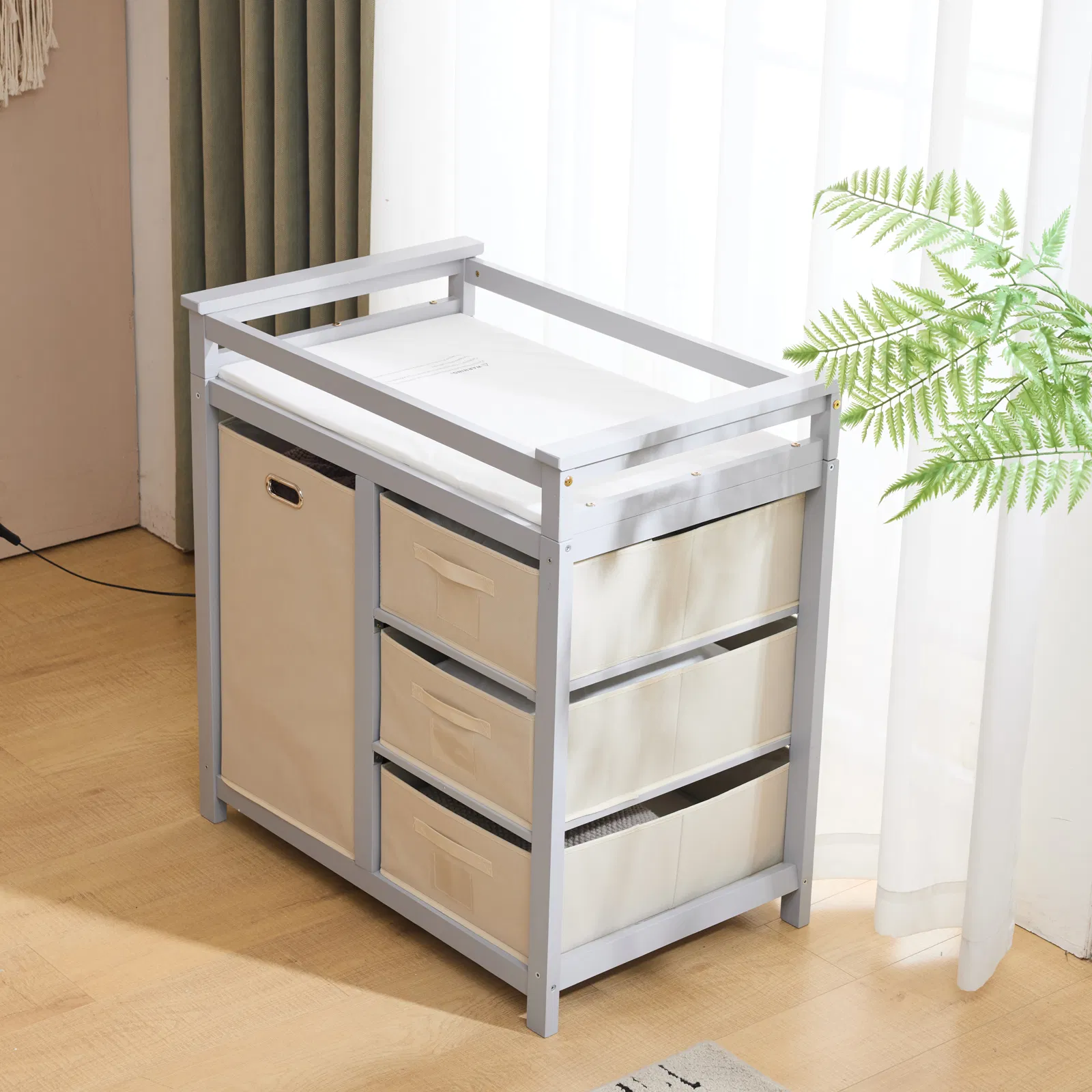 Gray painted pine wood frame children's bed with removable top, 87*53*87.5cm, includes 3 fabric drawers… image 9