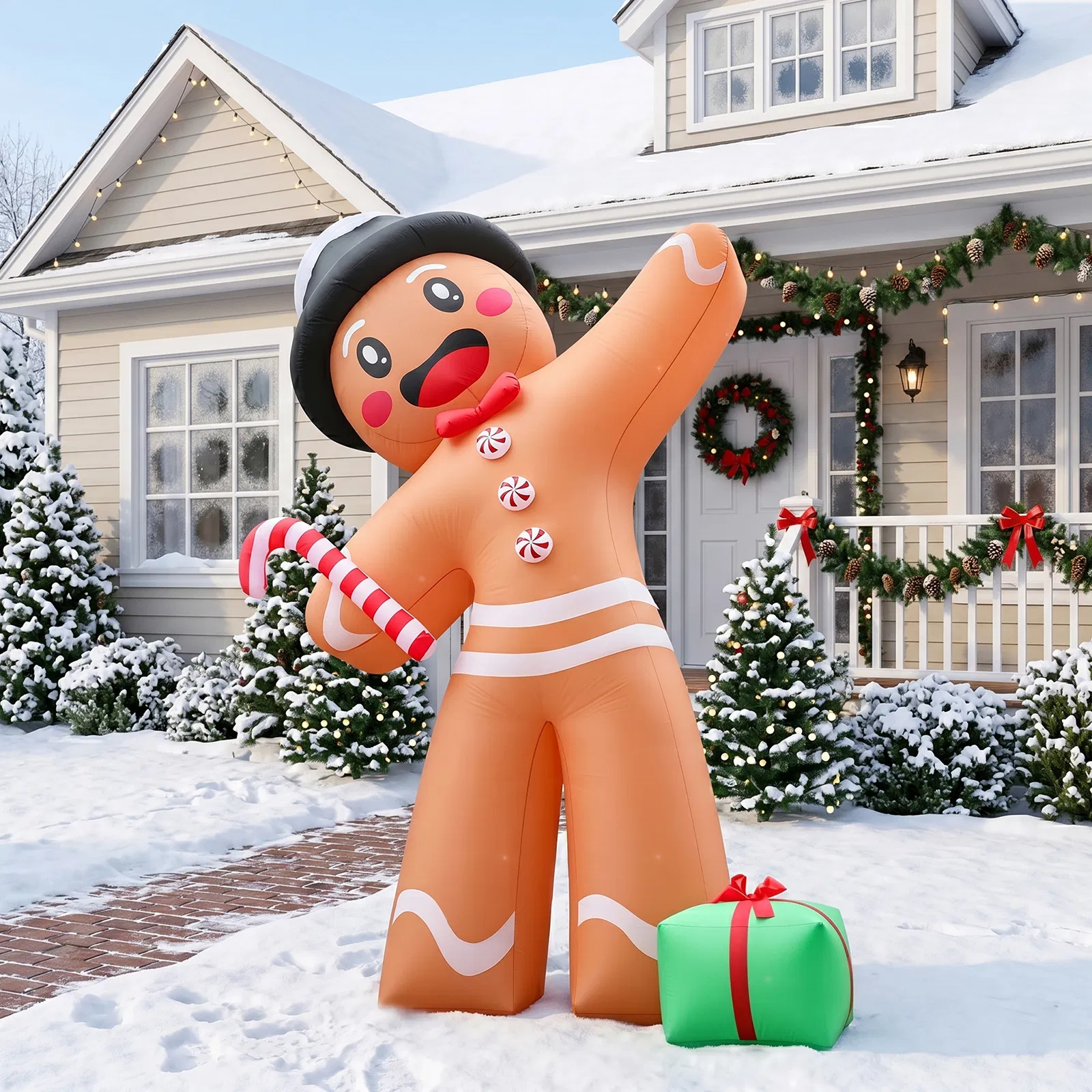 10.6FT Gingerbread Man with Gift Box Inflatable, 8 LED Lights, 190D Polyester Christmas Decor, US Plug image 11