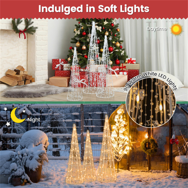 3-Piece Pre-Lit Christmas Cone Trees - 90 Warm White LEDs+Star Beaded Strings, Waterproof, 32