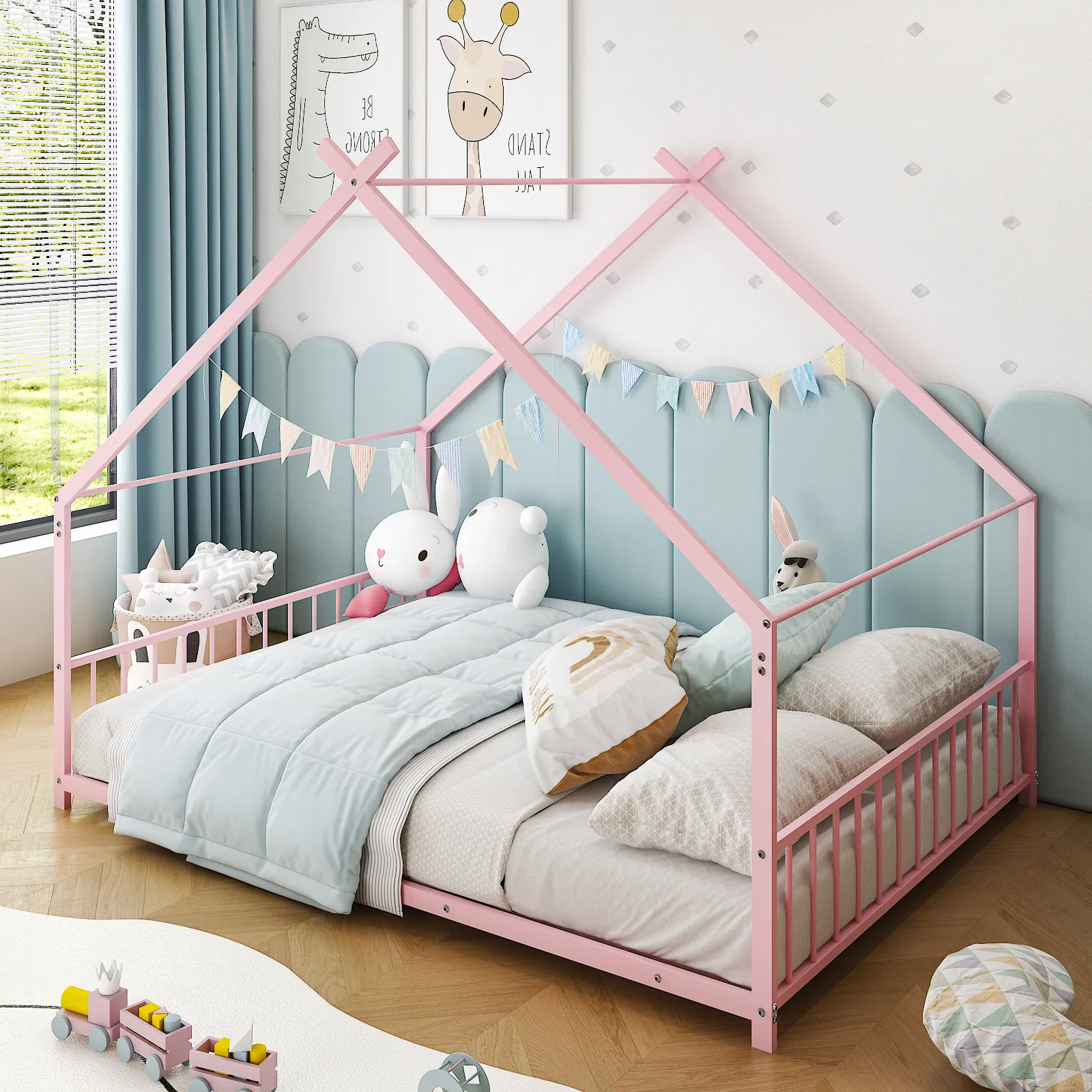 Pink Flat Bed House Shape with Side Guardrails Twin Children's Iron Bed image 15