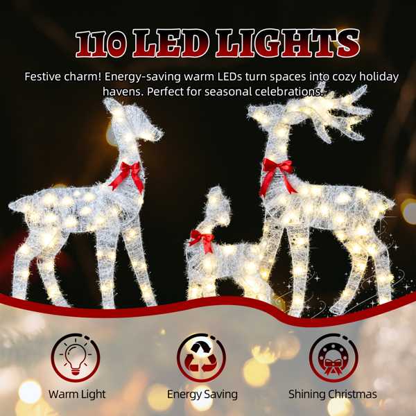 3-Piece Lighted Tinsel Christmas Reindeer Family Set Outdoor Decorations, Weather Proof Deer Family Set of 3 Christmas Ornament Home Decor Pre-lit 110 LED Warm White Lights, 2.4FT, White-17