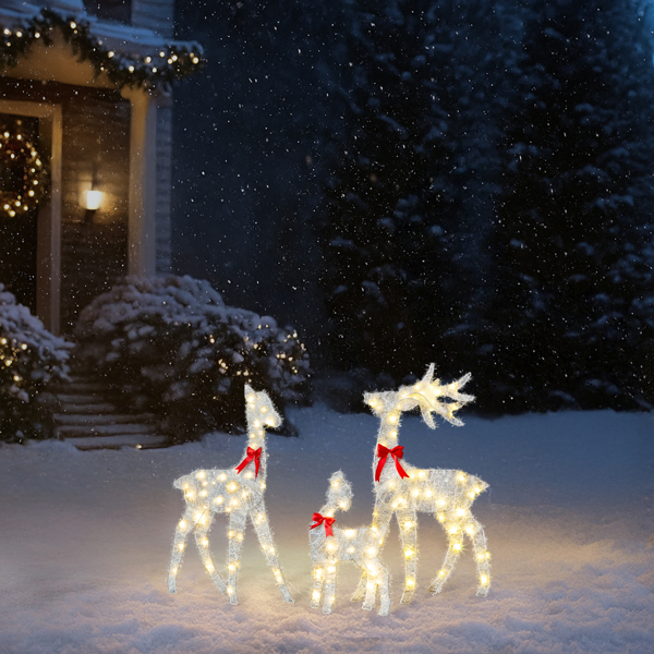 3-Piece Lighted Tinsel Christmas Reindeer Family Set Outdoor Decorations, Weather Proof Deer Family Set of 3 Christmas Ornament Home Decor Pre-lit 110 LED Warm White Lights, 2.4FT, White-24