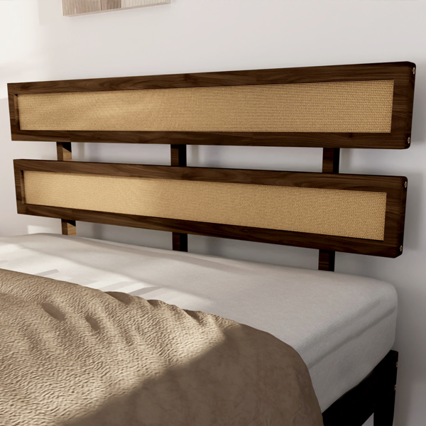 Dark walnut wood painted finish + rattan and pine wood double headboard full size wooden bed, Bohemian style-19
