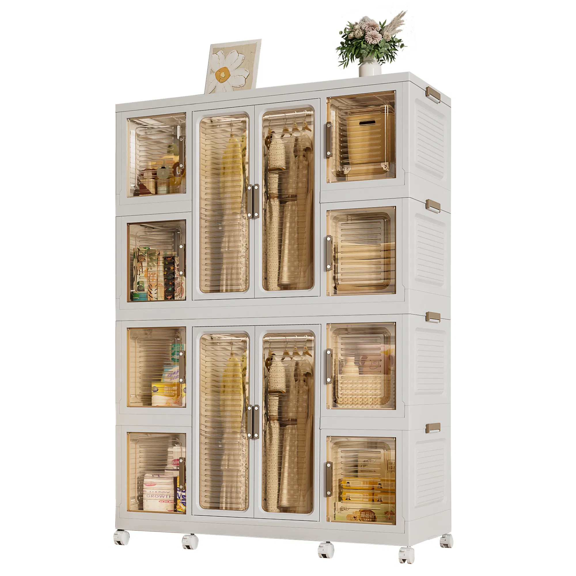 Portable Wardrobe Closet Storage Organizer for Clothes,Clothes Dresser,12 Magnetic Doors-12 Cubes & 2 Hanging Rod,16 pcs hangers , Baby Wardrobe Storage Cabinet,White
