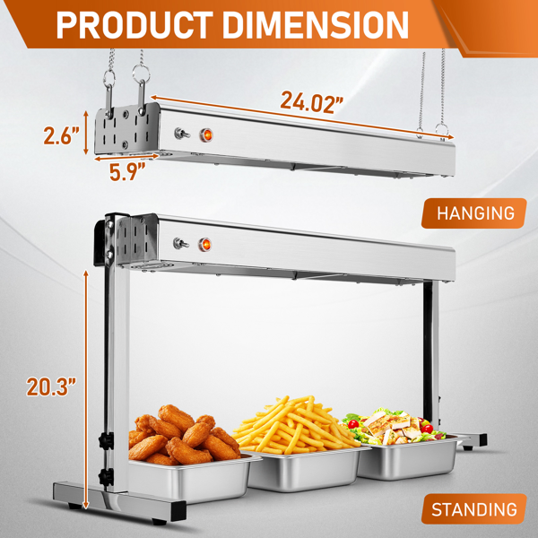 HT-24H US Standard 110V 750W Food Warmer Silver Stainless Steel Dual-Mode (Hanging & Standing) Electric with Chain & Support Stand-14