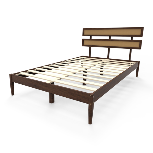 Dark walnut wood painted finish + rattan and pine wood double headboard full size wooden bed, Bohemian style-27
