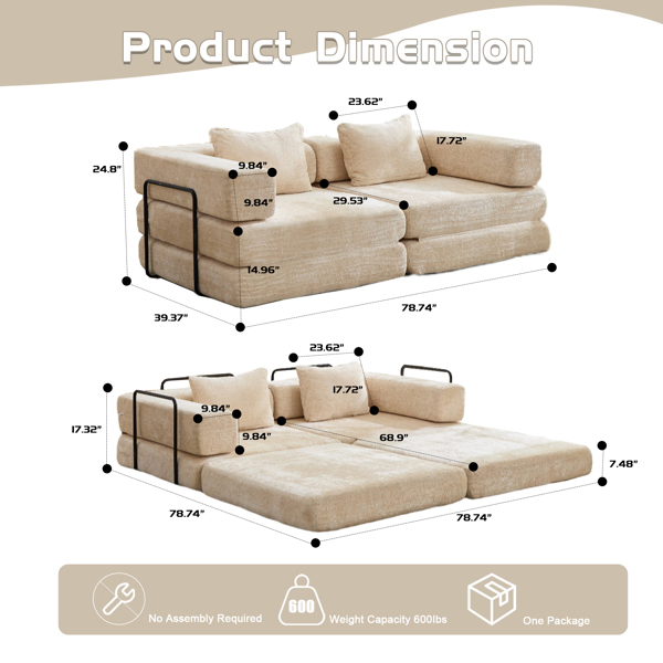Compression Sofa,Convertible Floor Sofa Bed with Fixed-Shape Frame, Loveseats Boneless Modular Sectional Sofa,No Assembly Required,Chenille fabric,for Living Room Bedroom,Beige-15