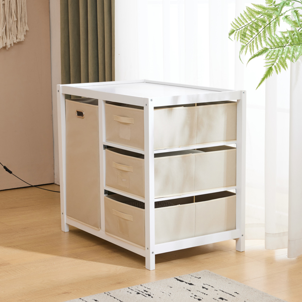 White painted pine wood frame, removable top, 87*53*87.5cm children's wooden bed with 3 fabric drawers + 1 fabric bag, and a changing table-63
