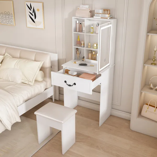 Modern Mini Dressing Table with LED-lit Mirror & Hidden Storage,Includes Padded Stool,Adjustable… image 4